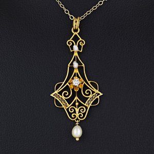 c.1940 Vintage Retro 14k/ 10k Yellow Gold Diamond Pearl Dangle Pendant Necklace